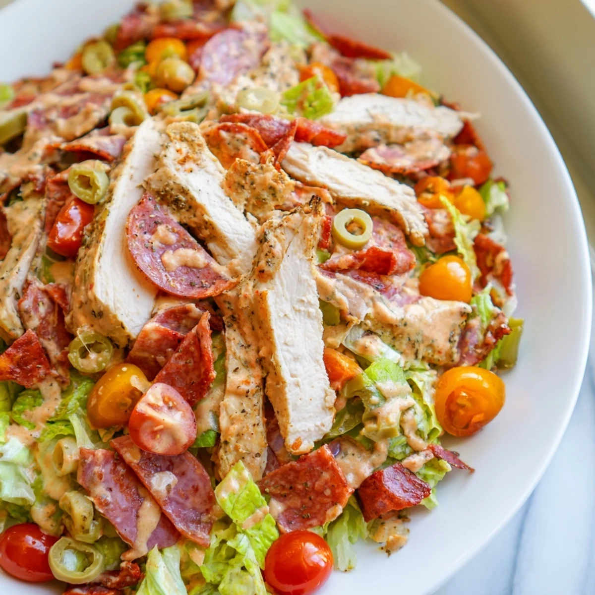 Colorful Italian grinder chicken salad topped with sliced salami and melted provolone cheese
