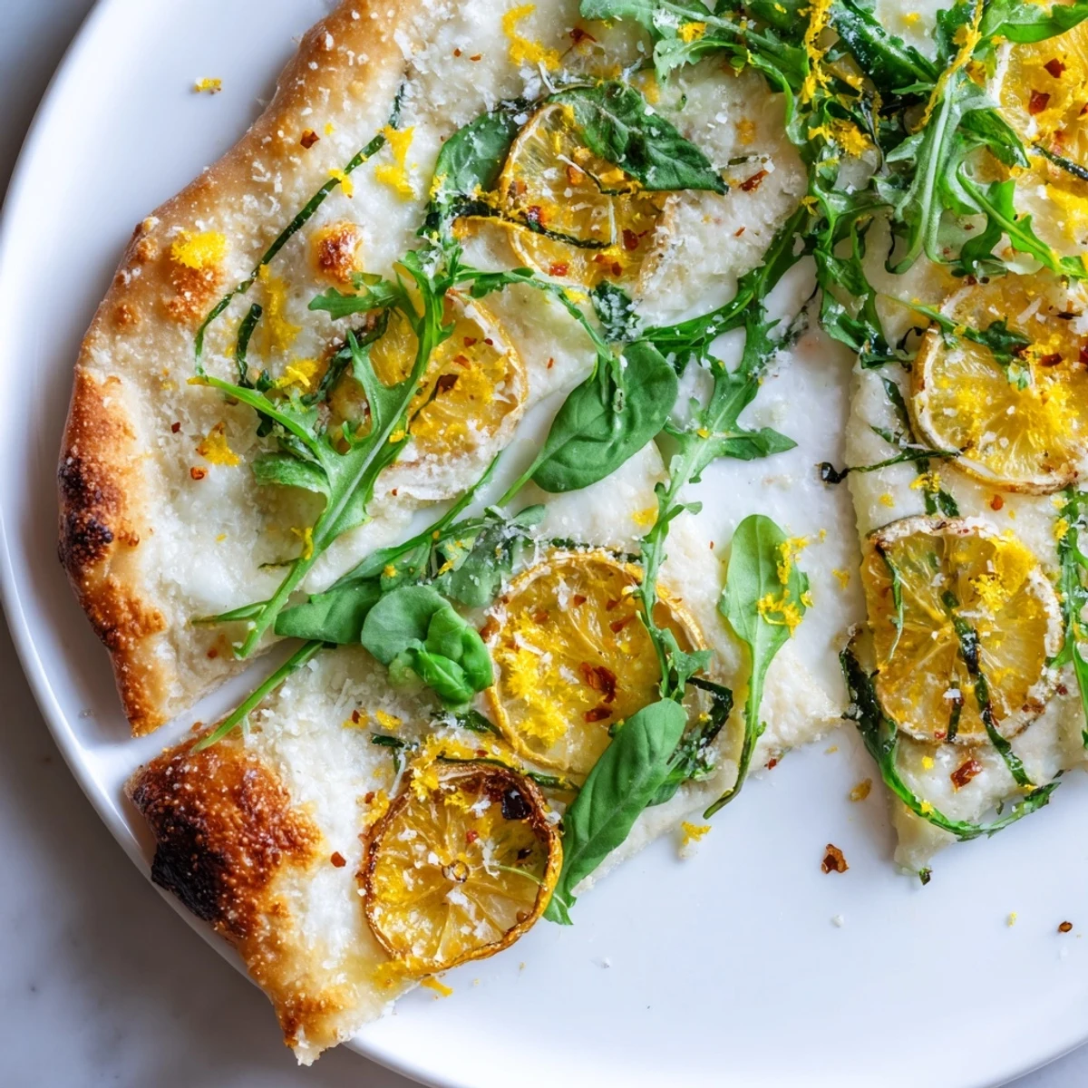 Fresh arugula and basil blanket a bubbling zesty summer lemon pizza with caramelized edges