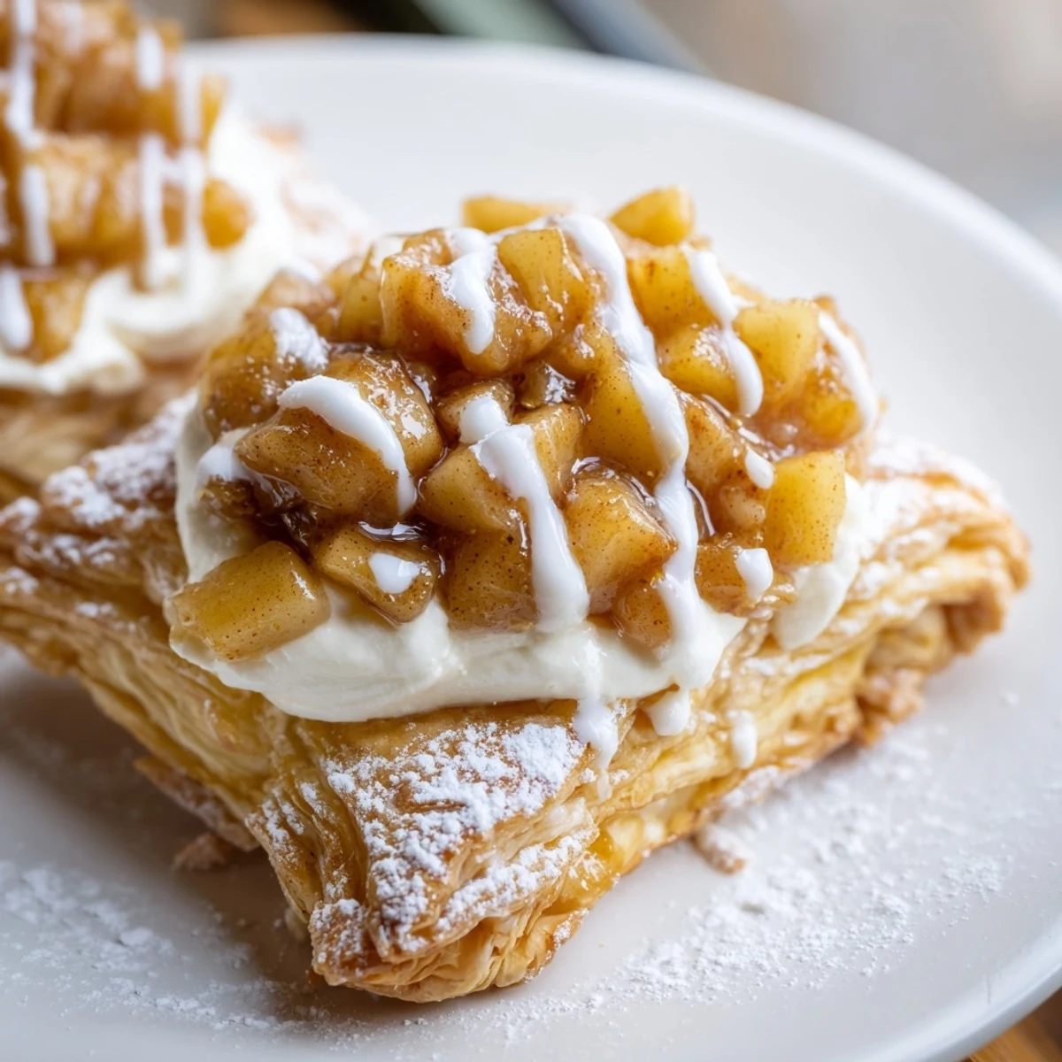 Warm apple cheese danishes drizzled with sweet icing on a rustic baking tray