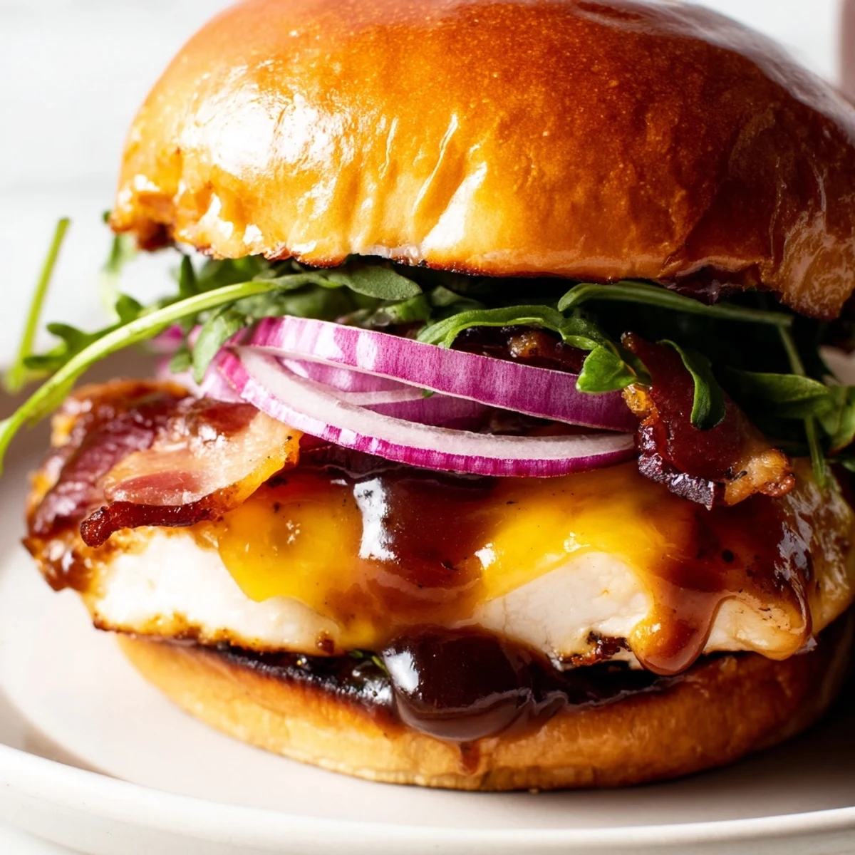 Golden maple chicken bacon sliders stacked on toasted buns with melted cheddar and fresh arugula