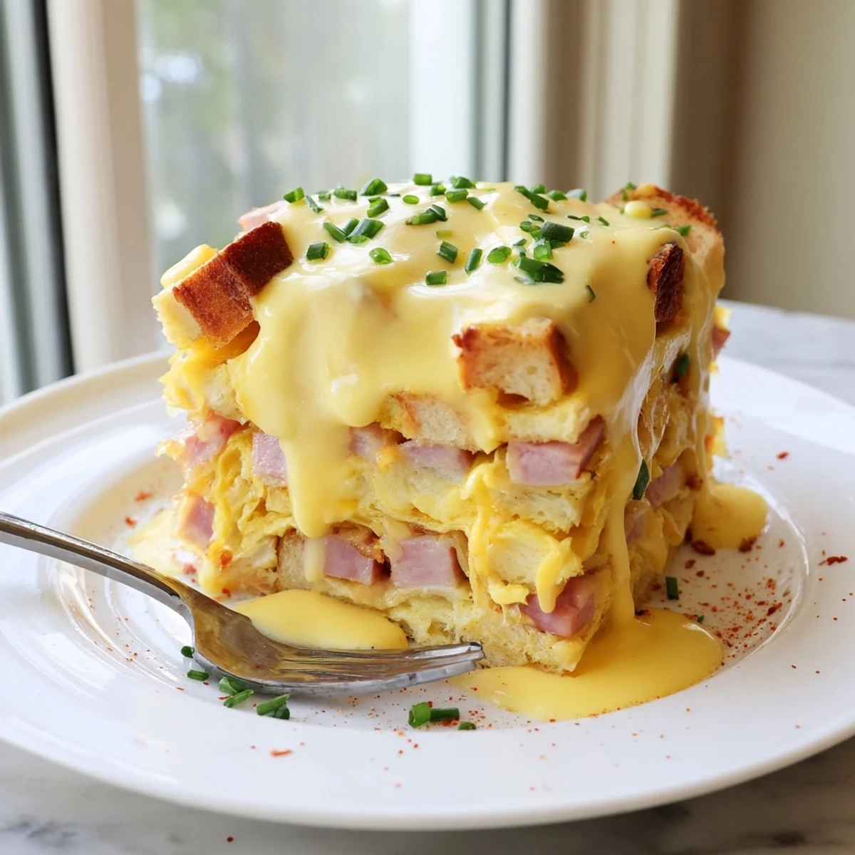Golden Eggs Benedict Casserole topped with creamy hollandaise and fresh snipped chives
