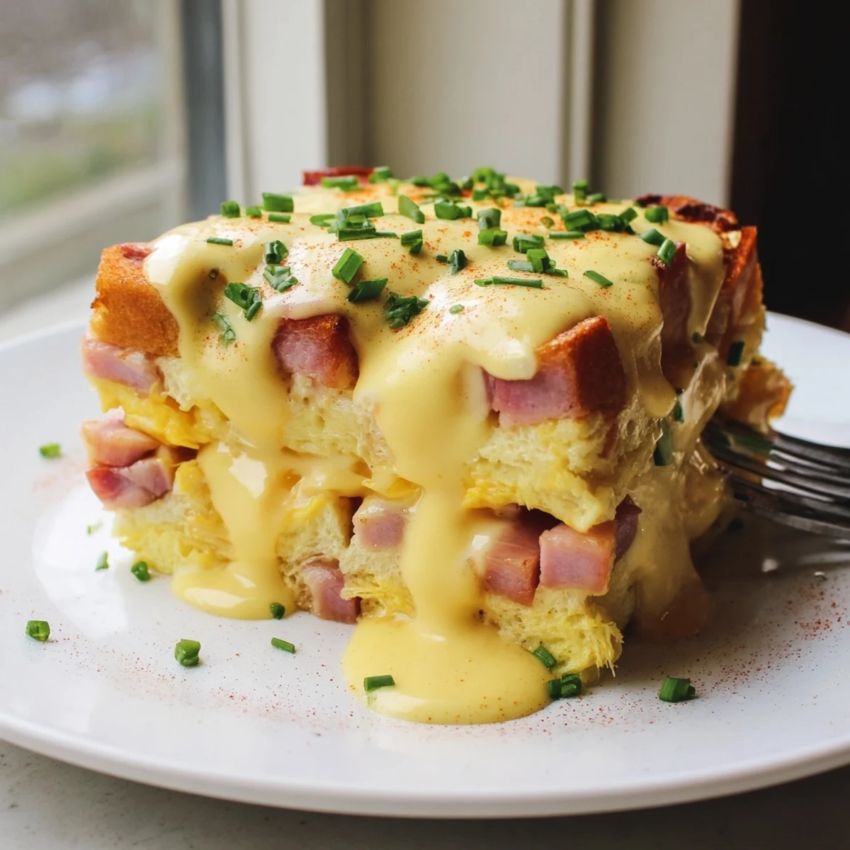 Bubbling Eggs Benedict Casserole with layered English muffins and Canadian bacon slices