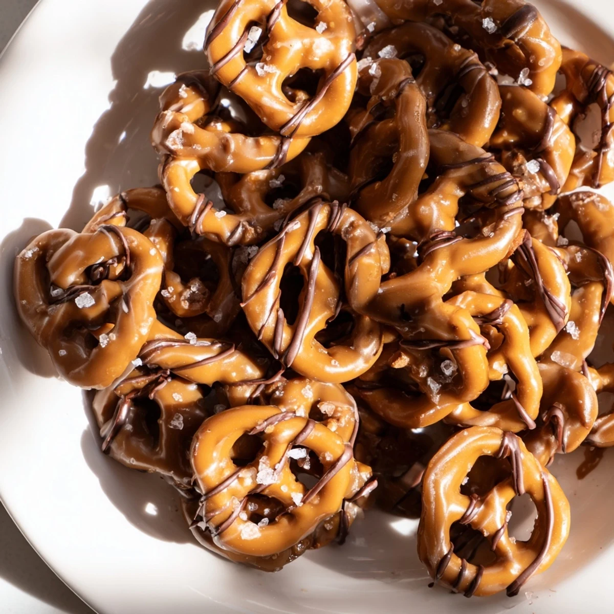Crispy pretzel twists enrobed in shiny caramel toffee coating topped with sea salt flakes.