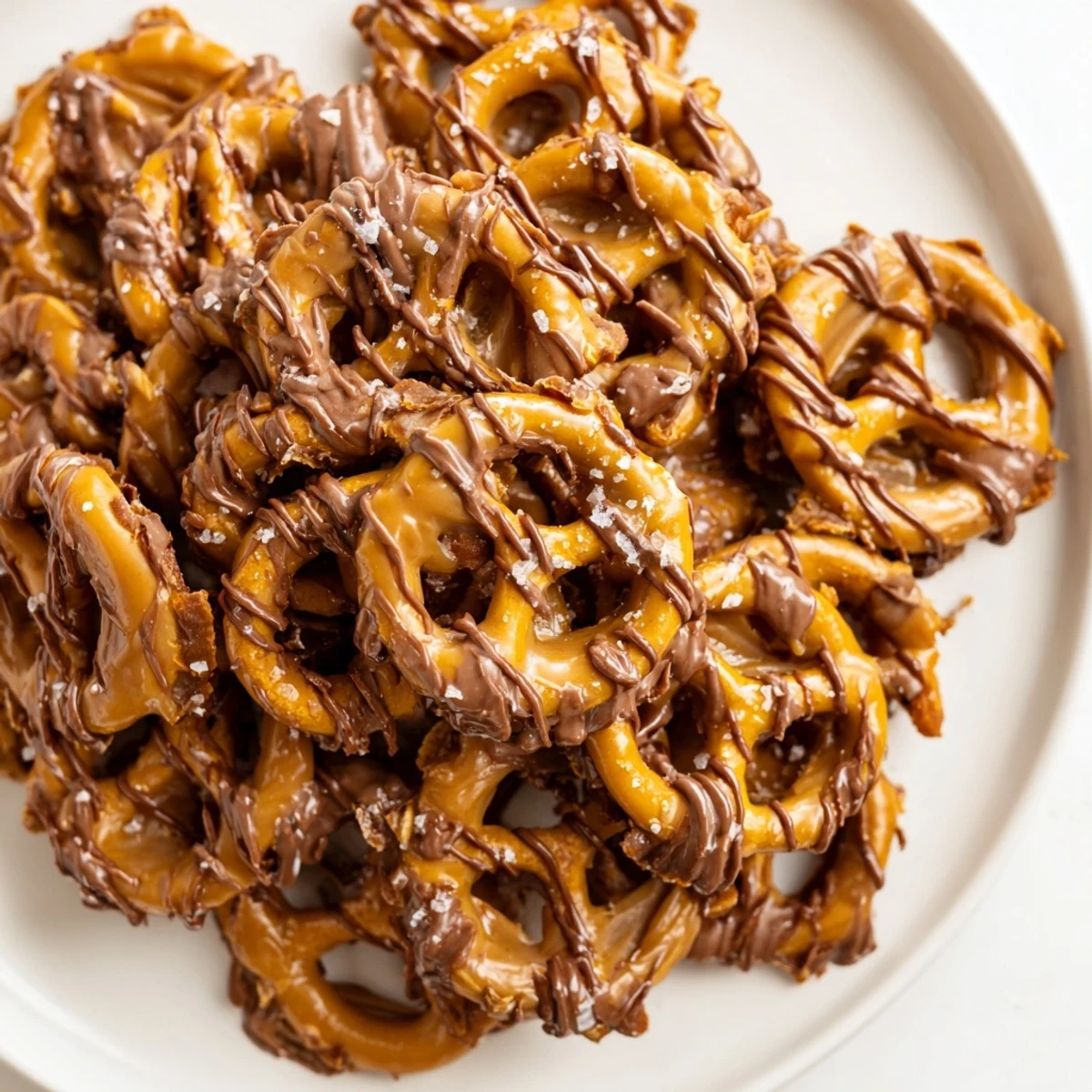 Golden butter toffee pretzels glistening with a rich chocolate drizzle on parchment paper.