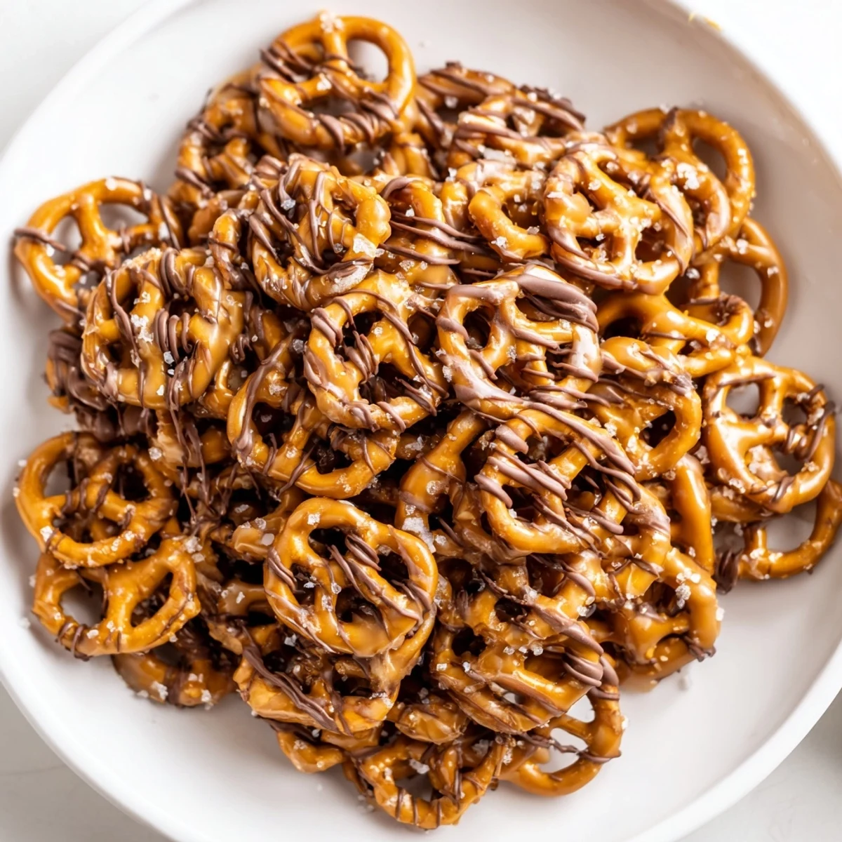 Warm butter toffee pretzels fresh from the oven drizzled with melted semi-sweet chocolate.