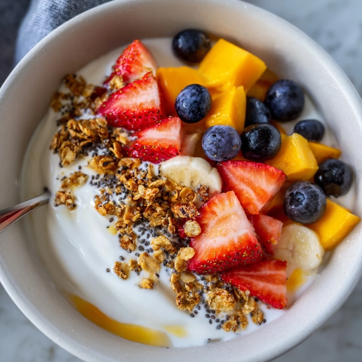 Thick Greek yogurt fruit bowl drizzled with honey and scattered with fresh strawberries