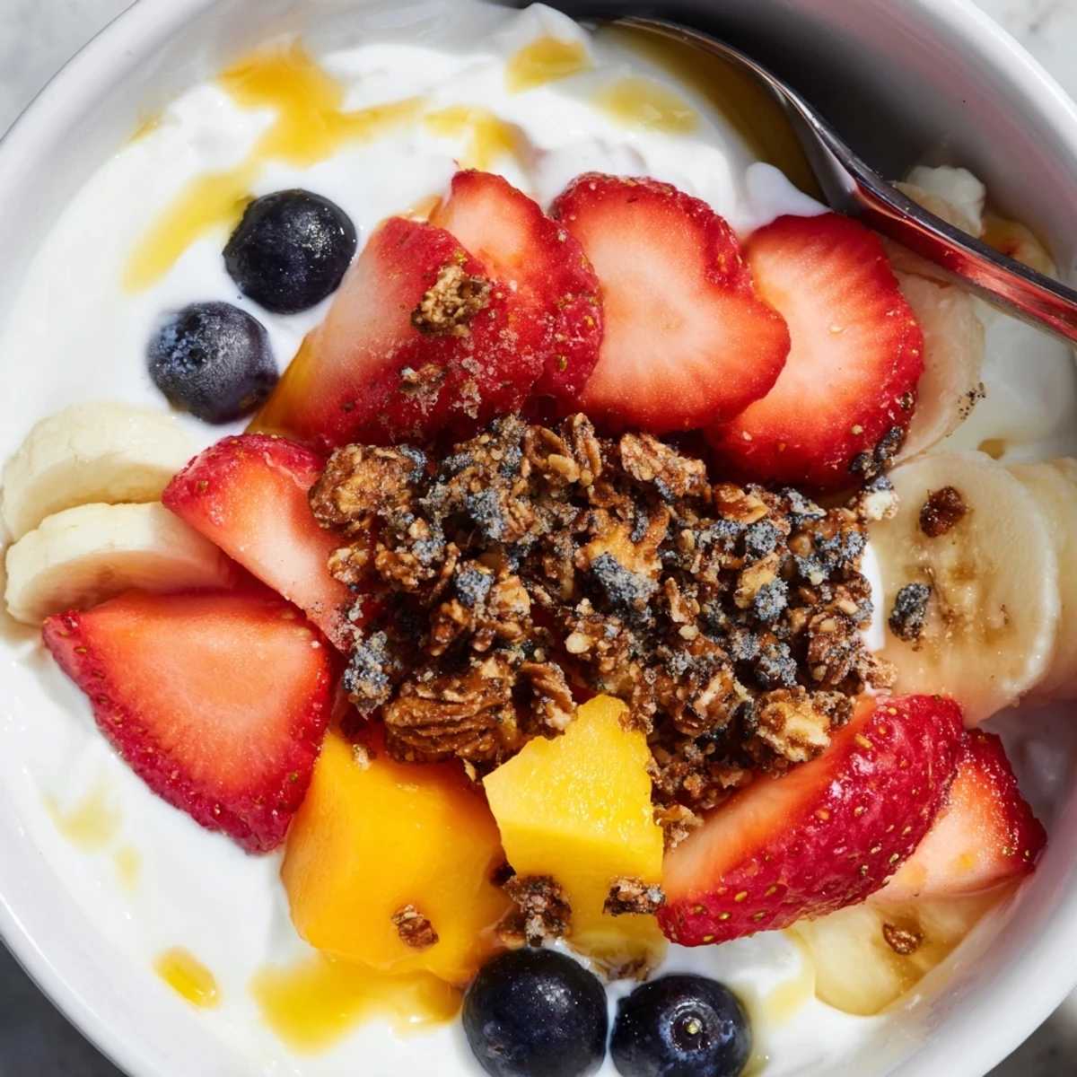 Creamy yogurt fruit bowl topped with vibrant berries, mango, and crunchy granola
