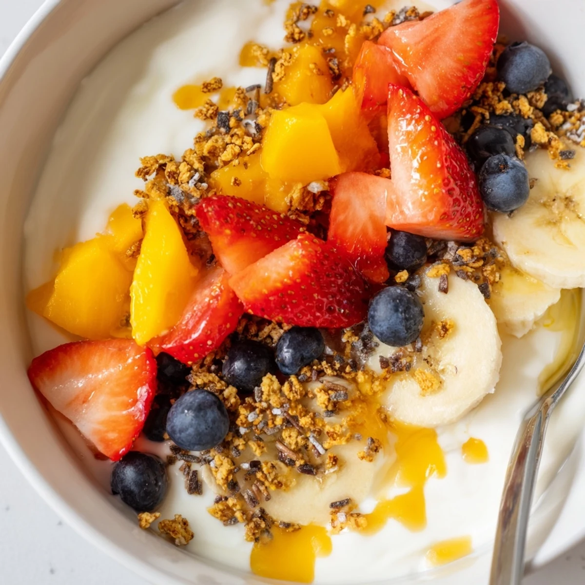Colorful yogurt fruit bowl bursting with blueberries, banana slices, and a sprinkle of chia seeds