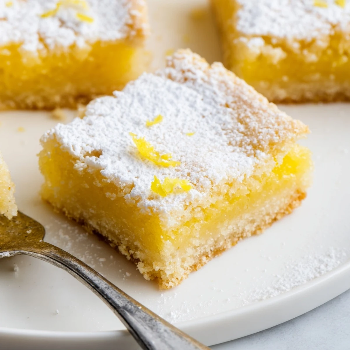 Golden simple lemon bars dusted with powdered sugar on a rustic cutting board