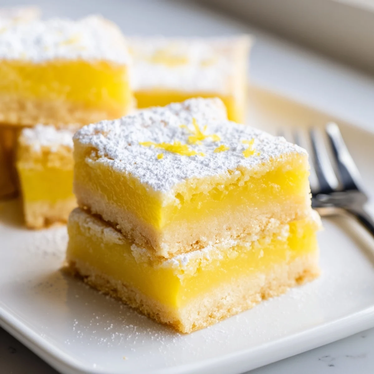 Tangy simple lemon bars served on a white plate for a sunny spring dessert
