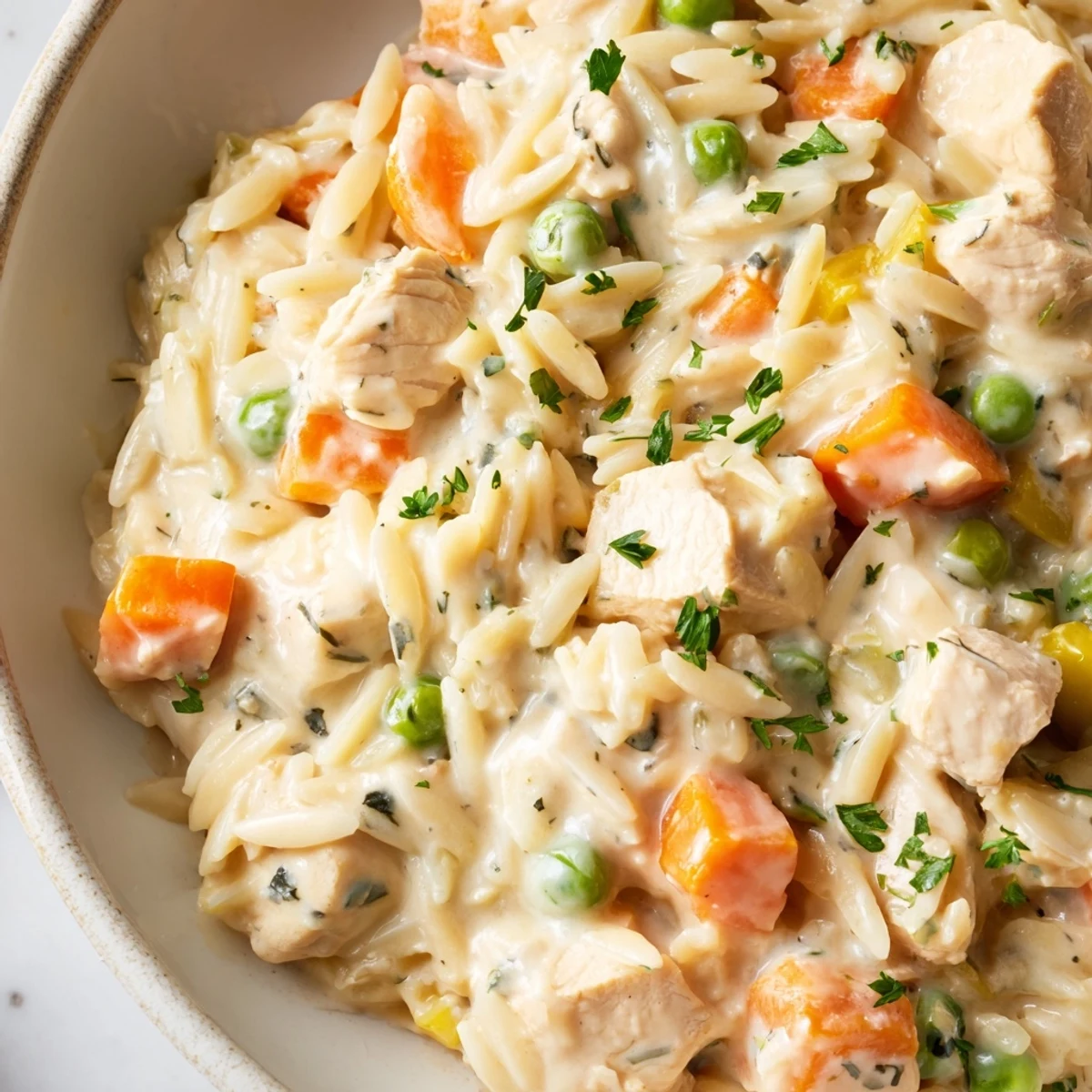 Creamy chicken pot pie orzo in a rustic skillet with golden tender vegetables