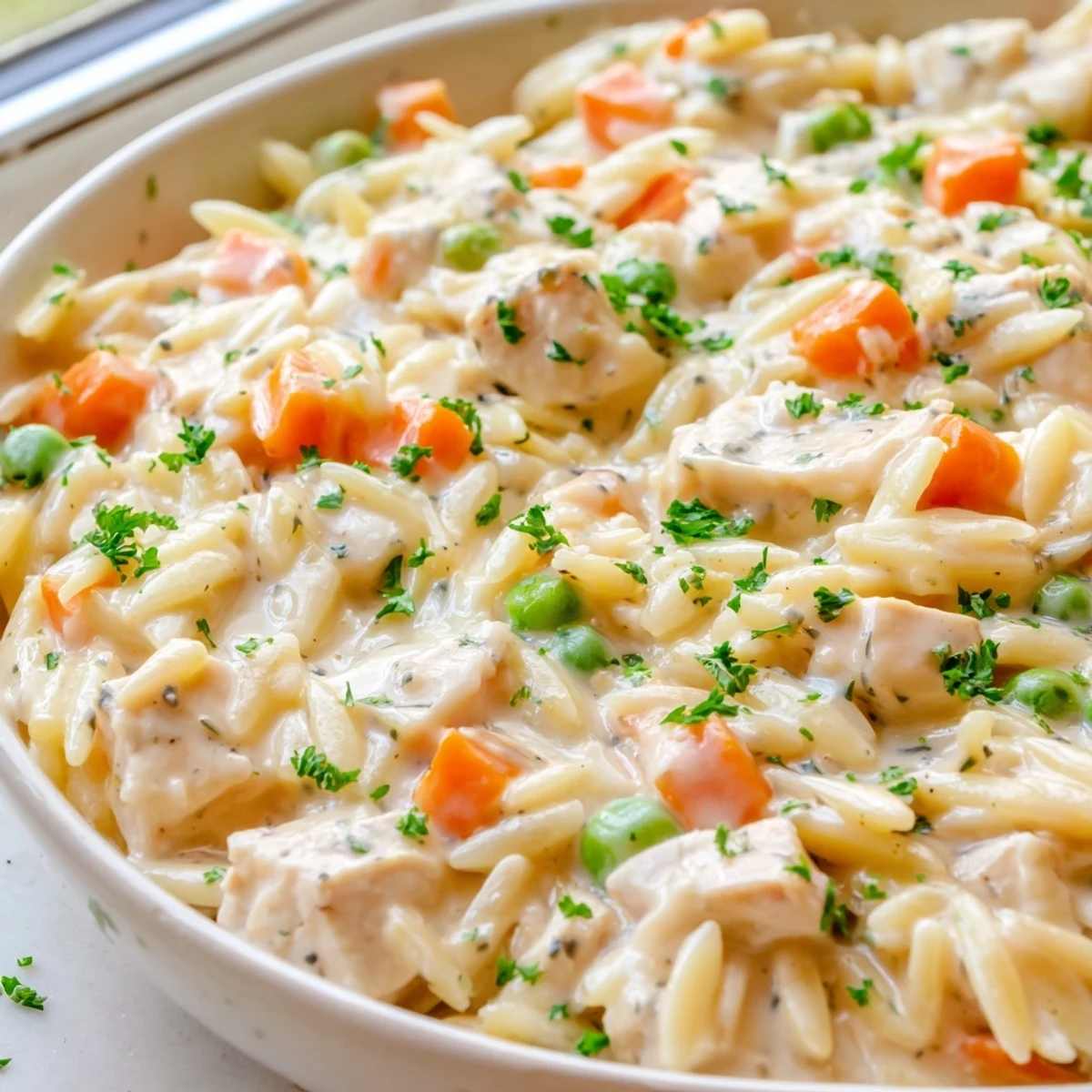 Steaming bowl of creamy chicken pot pie orzo garnished with fresh parsley flakes