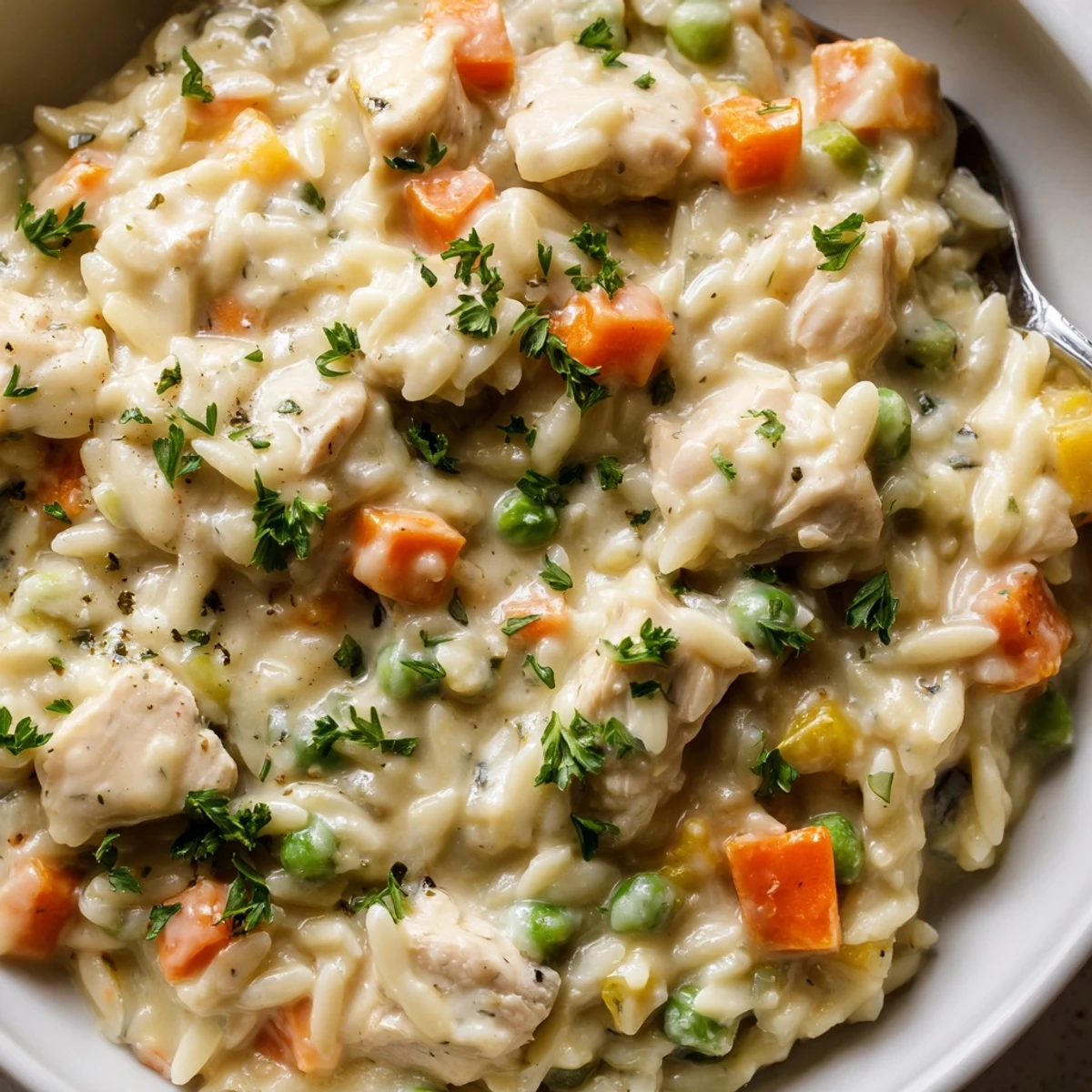 Creamy chicken pot pie orzo loaded with tender chicken vibrant peas and carrots