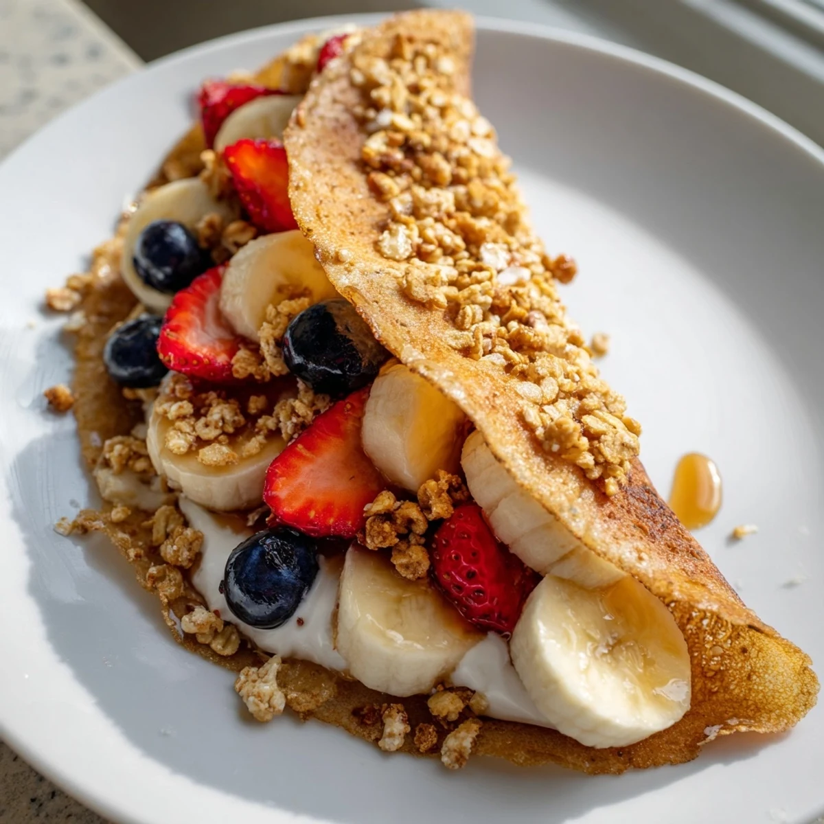 Golden pancake tacos stuffed with fresh strawberries and drizzled maple syrup on a plate