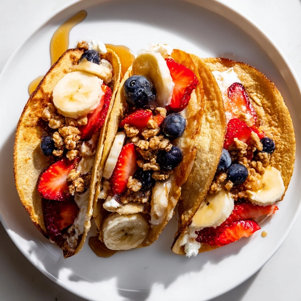 Fluffy pancake tacos folded and filled with creamy Greek yogurt and ripe banana slices