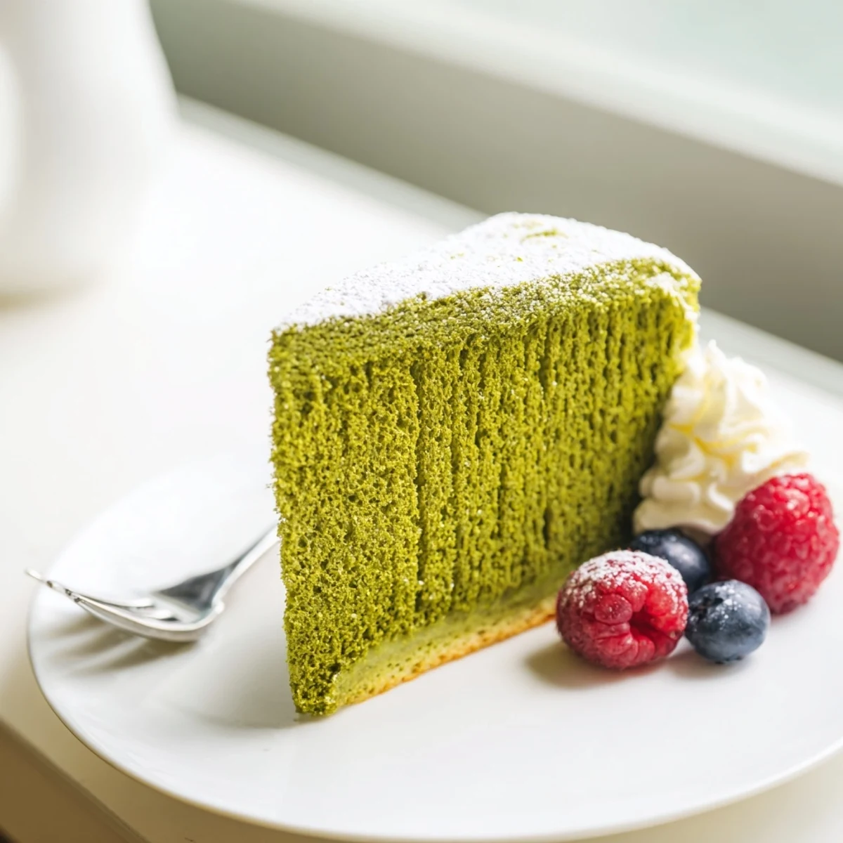 A slice of moist matcha cake topped with fresh berries and powdered sugar on a white plate.