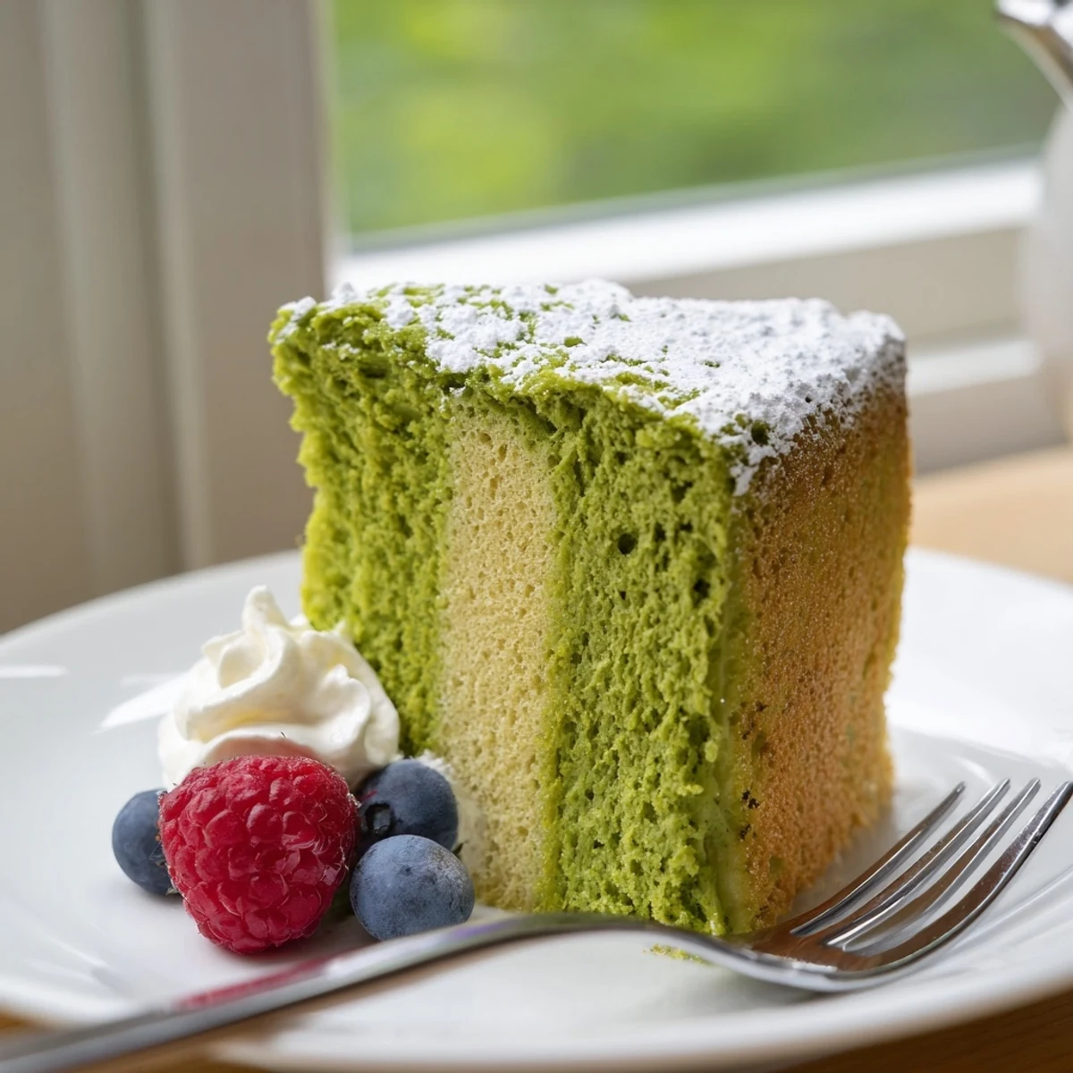 Warm matcha cake with a golden green crumb cooling on a wire rack beside a cup of tea.