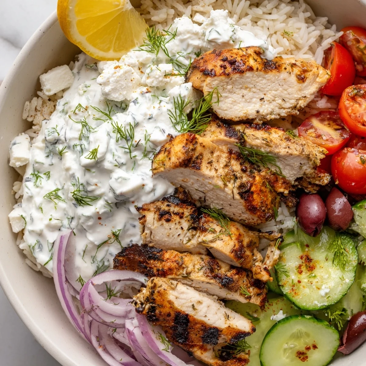 Colorful Greek Chicken Bowls with juicy grilled meat, crisp veggies, and creamy tzatziki sauce.