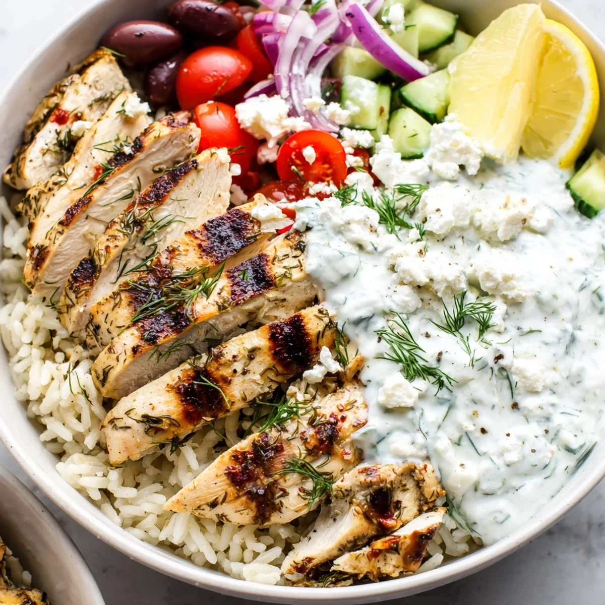 Herbed Greek Chicken Bowls layered over fluffy rice with ripe tomatoes, olives, and tangy feta.