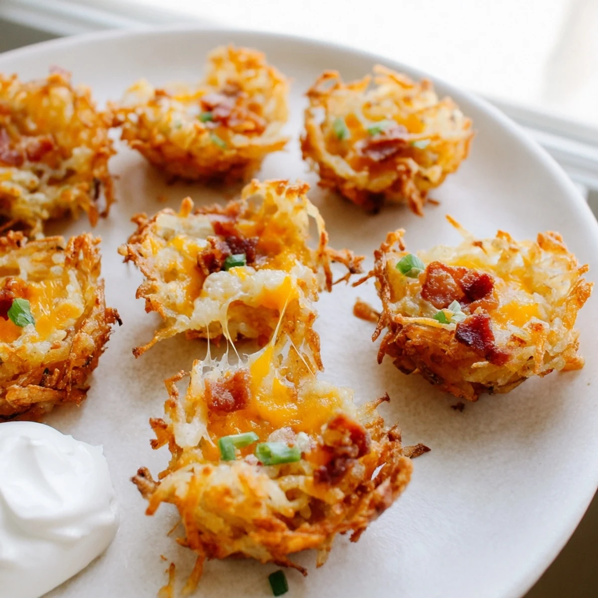 Golden crispy cheesy loaded hashbrown bites with melted cheddar and bacon on a rustic platter