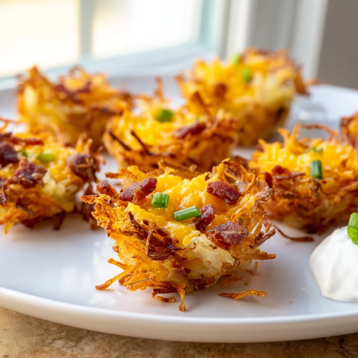 Warm cheesy loaded hashbrown bites fresh from the oven with gooey cheese pulling apart beautifully