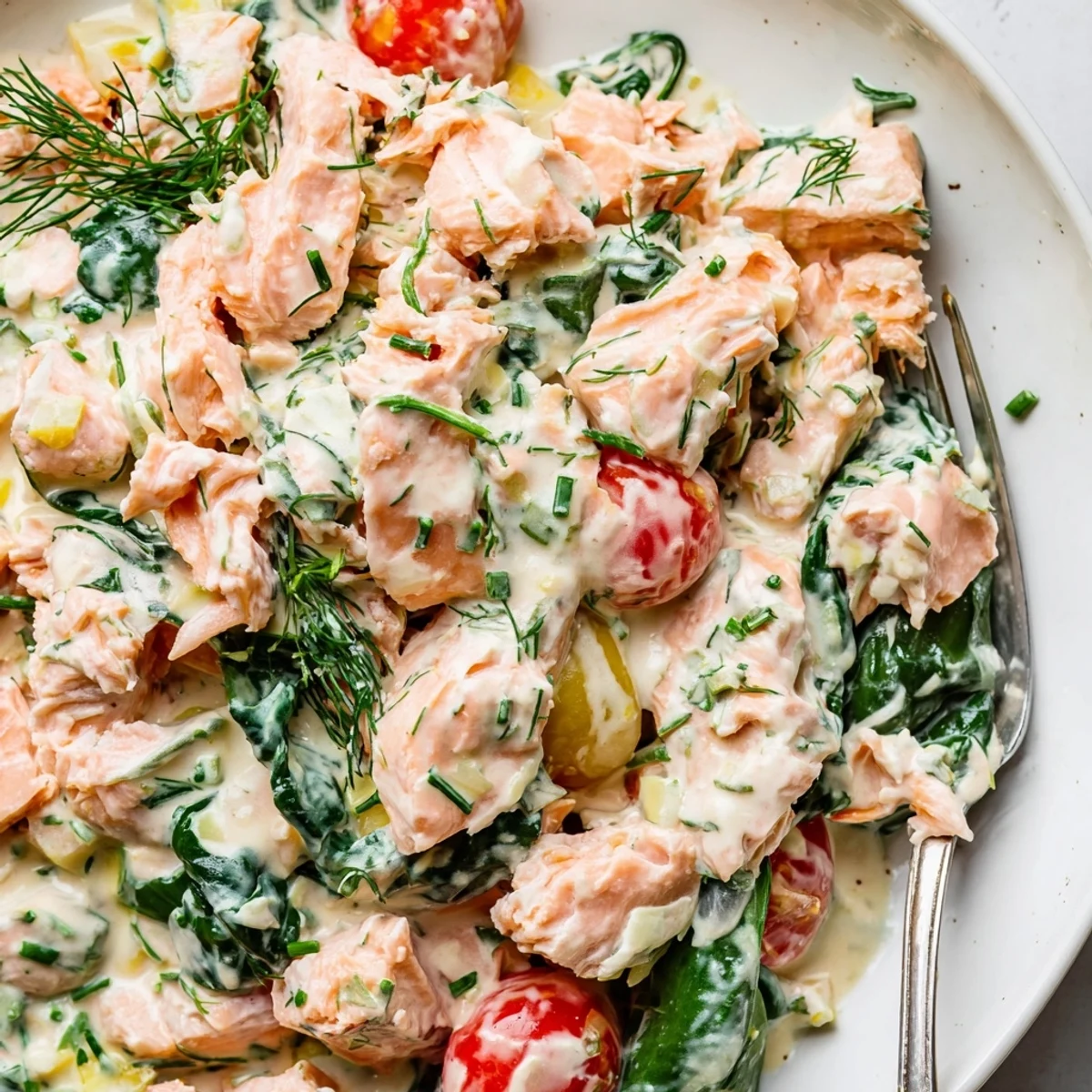 Creamy leftover salmon recipe served in a skillet with spinach and tomatoes