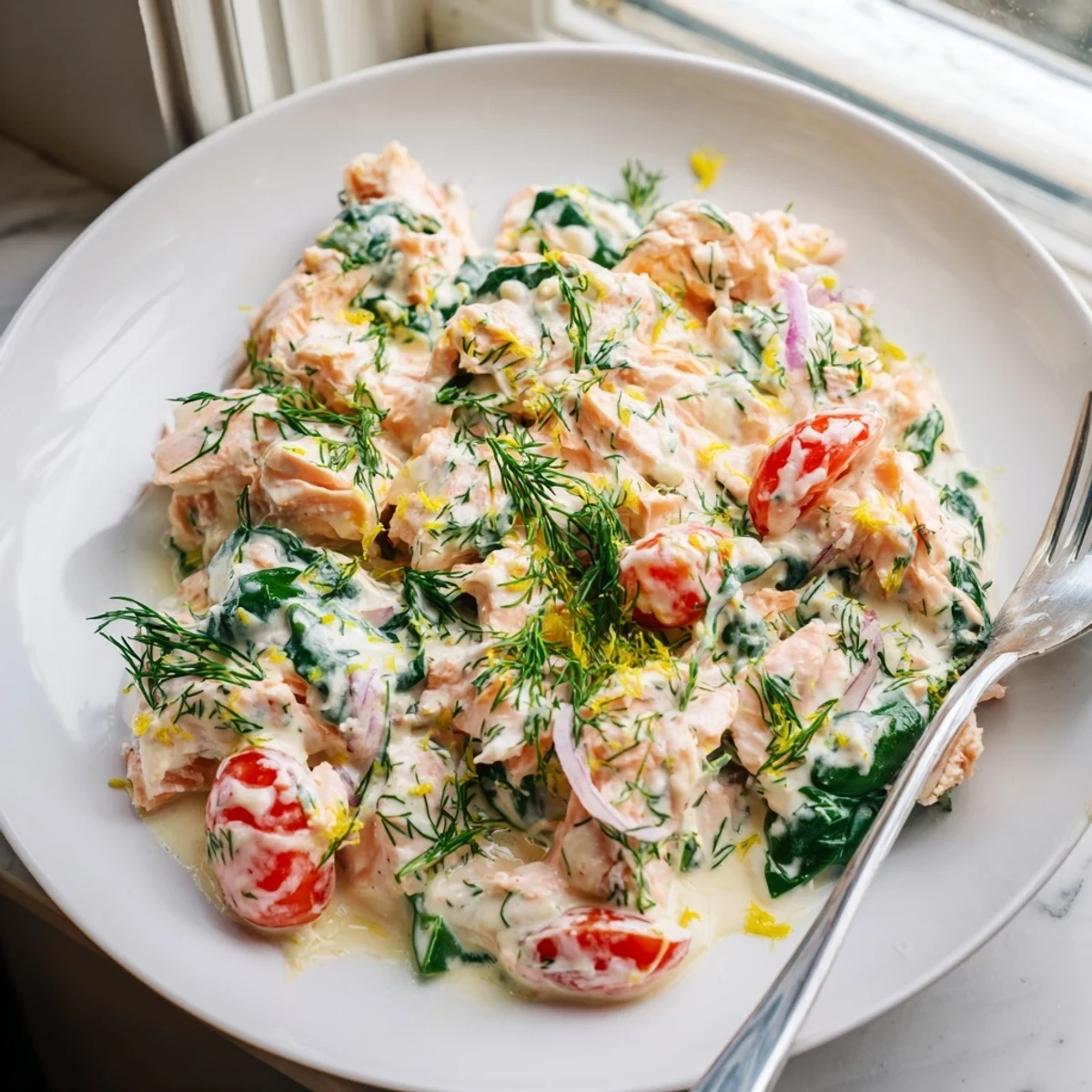 Healthy creamy leftover salmon recipe topped with fresh chives and dill