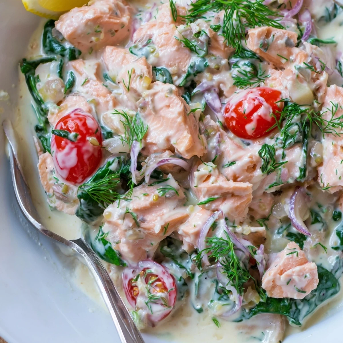 A bowl of creamy leftover salmon with cherry tomatoes and wilted spinach