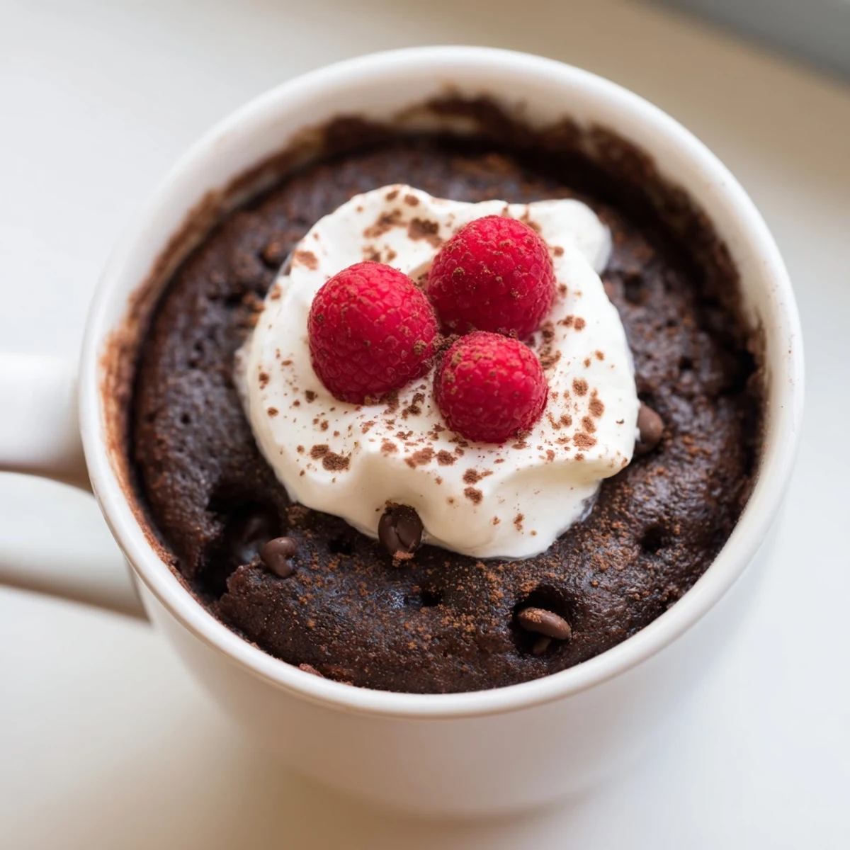 Warm gluten free chocolate mug cake topped with fluffy whipped cream in a ceramic mug