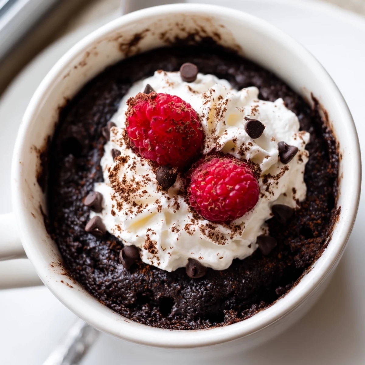 Rich gluten free chocolate mug cake with melted chocolate chips and fresh berry garnish