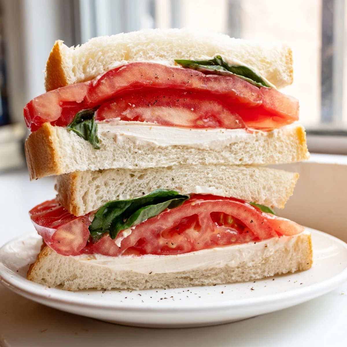 Juicy ripe tomato sandwich with creamy mayo on soft fresh bread