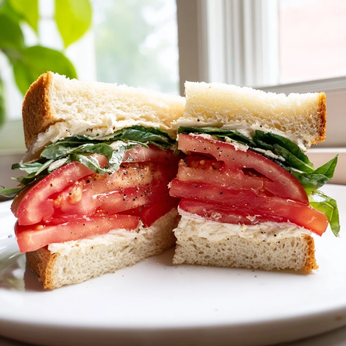 Crisp homemade tomato sandwich cut in half showing colorful red filling