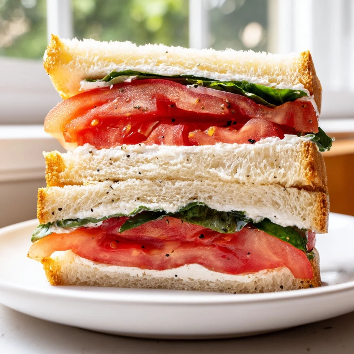 Classic tomato sandwich layered with basil and seasoned sliced tomatoes