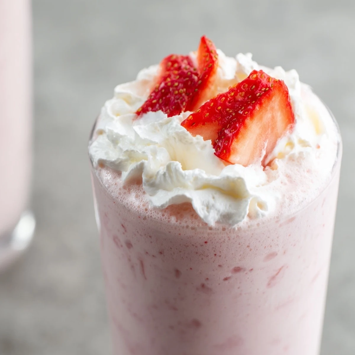 A thick strawberry milkshake topped with fluffy whipped cream in a clear glass.