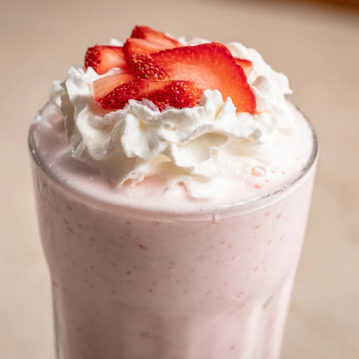 Creamy homemade strawberry milkshake poured into a tall glass with fresh berry garnishes.
