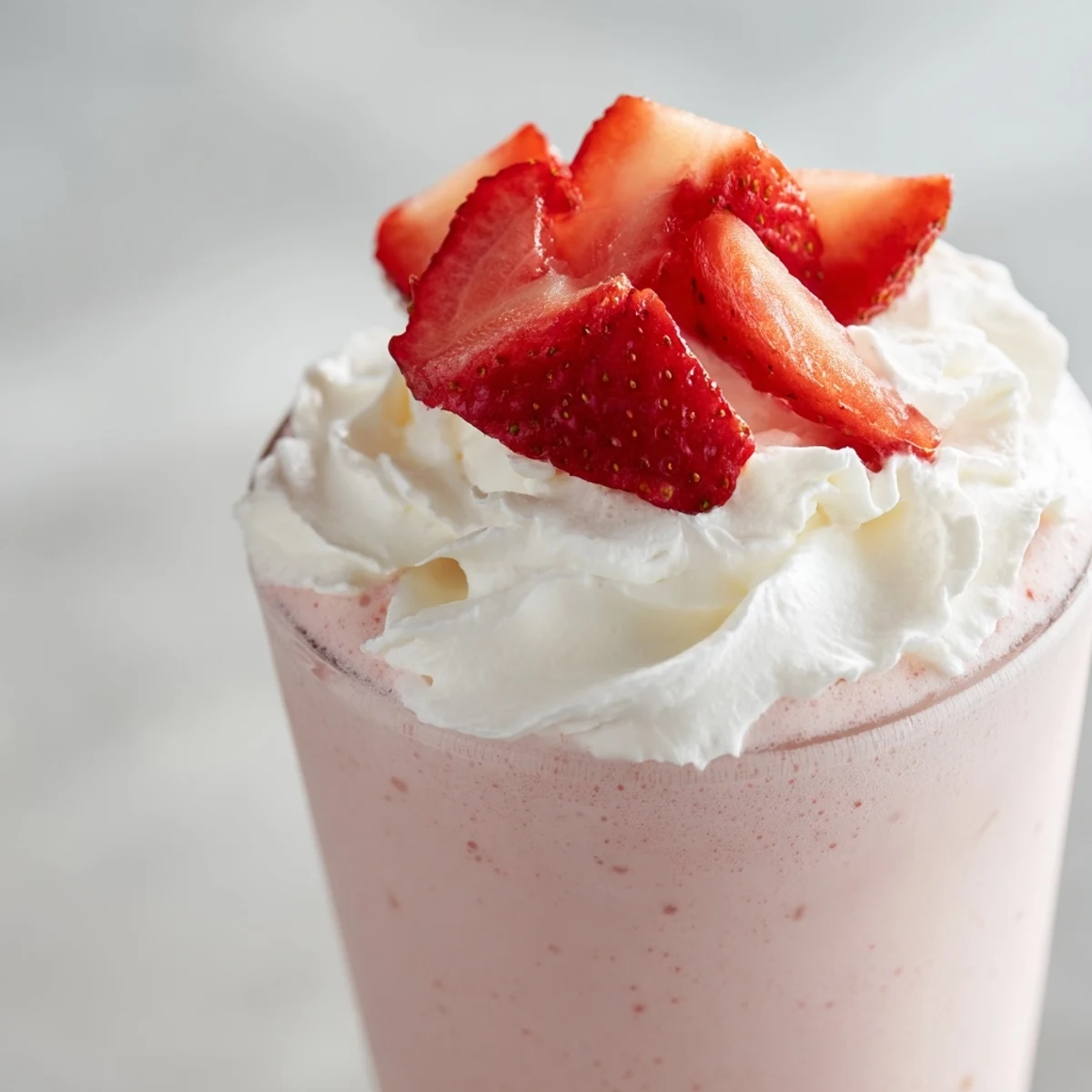 A frosty strawberry milkshake blended with ripe red berries and served ice cold.
