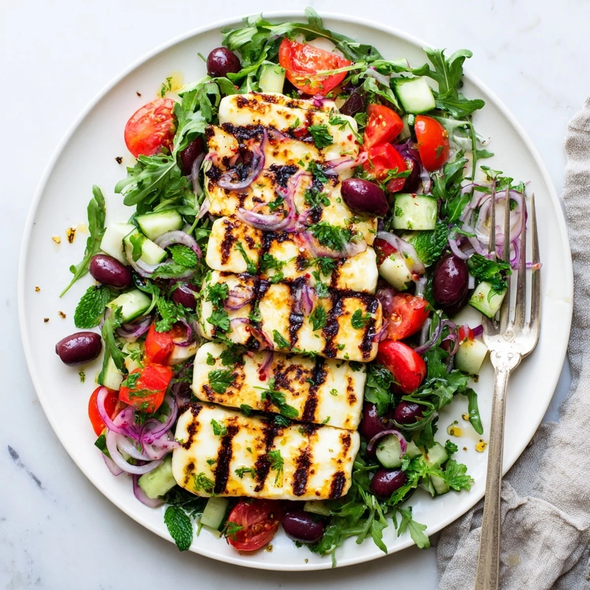 Golden grilled halloumi served over a fresh Mediterranean salad with herbs  