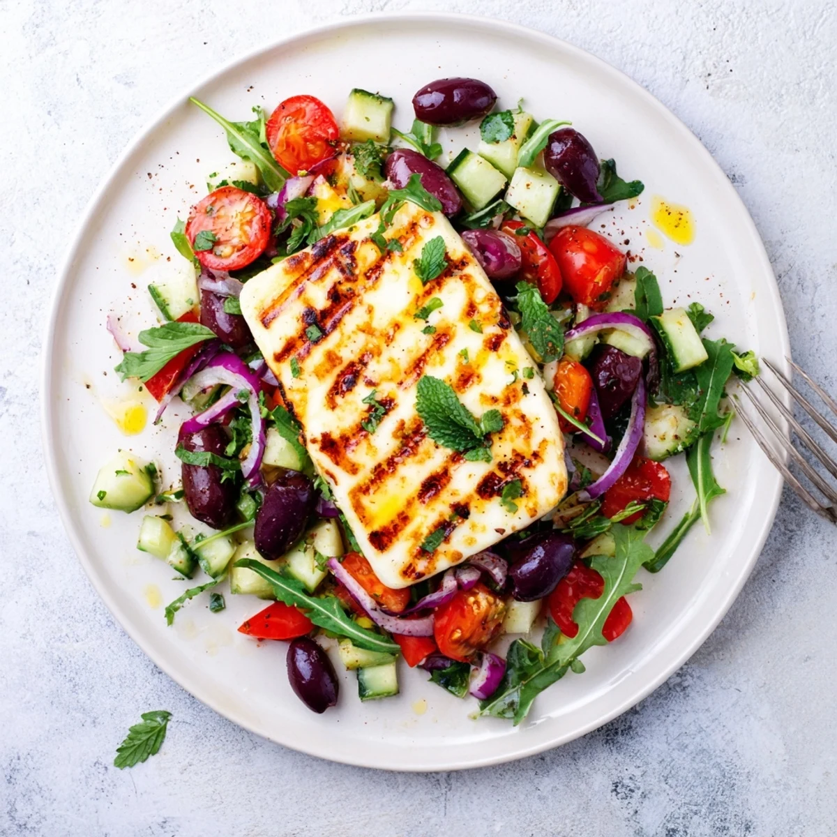 Warm halloumi slices atop a colorful vegetable salad for a light meal  