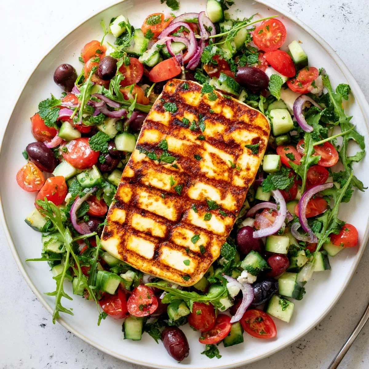 Savory grilled halloumi paired with crisp Mediterranean vegetables and tangy dressing
