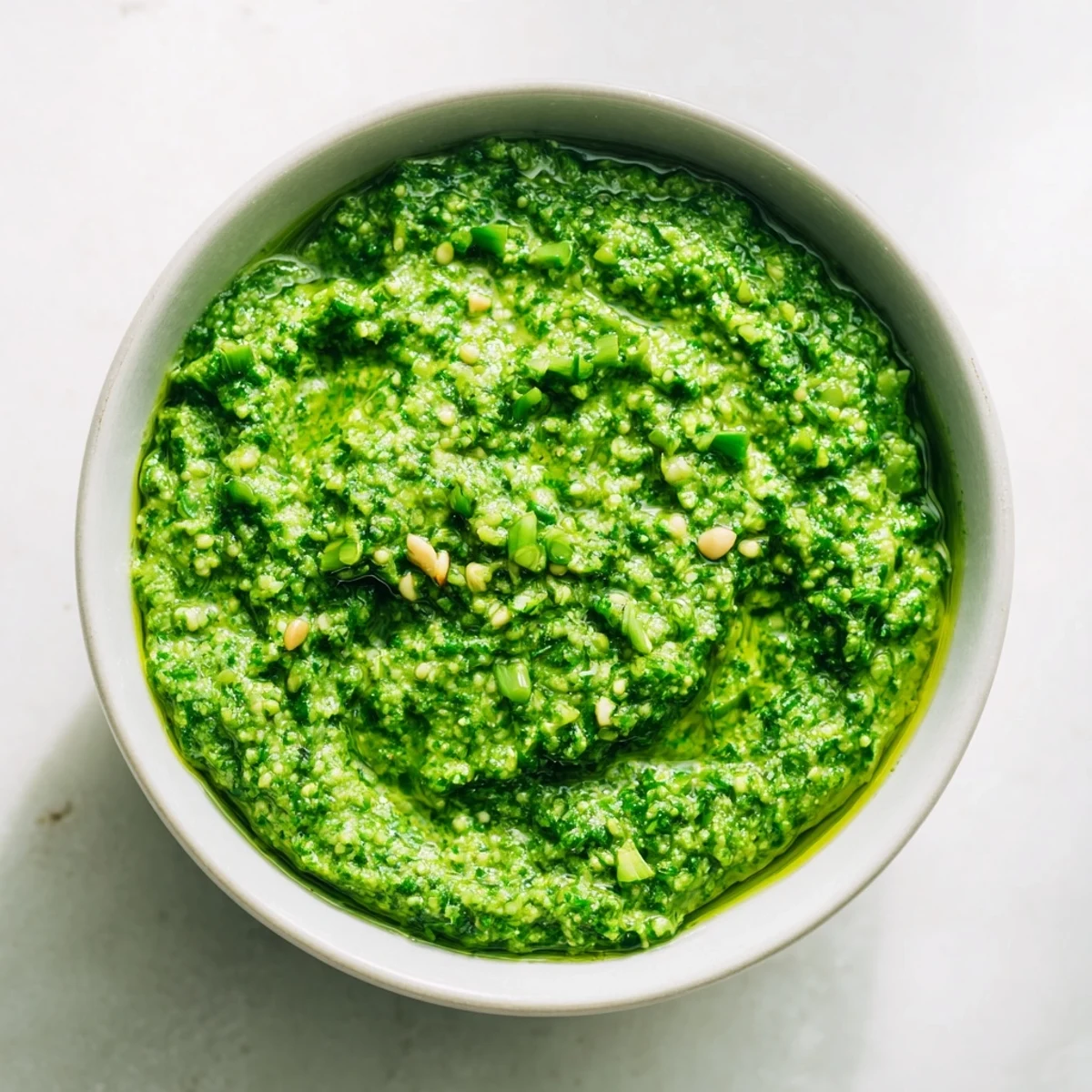 Vibrant green garlic scape pesto swirling over pasta with fresh basil leaves.  