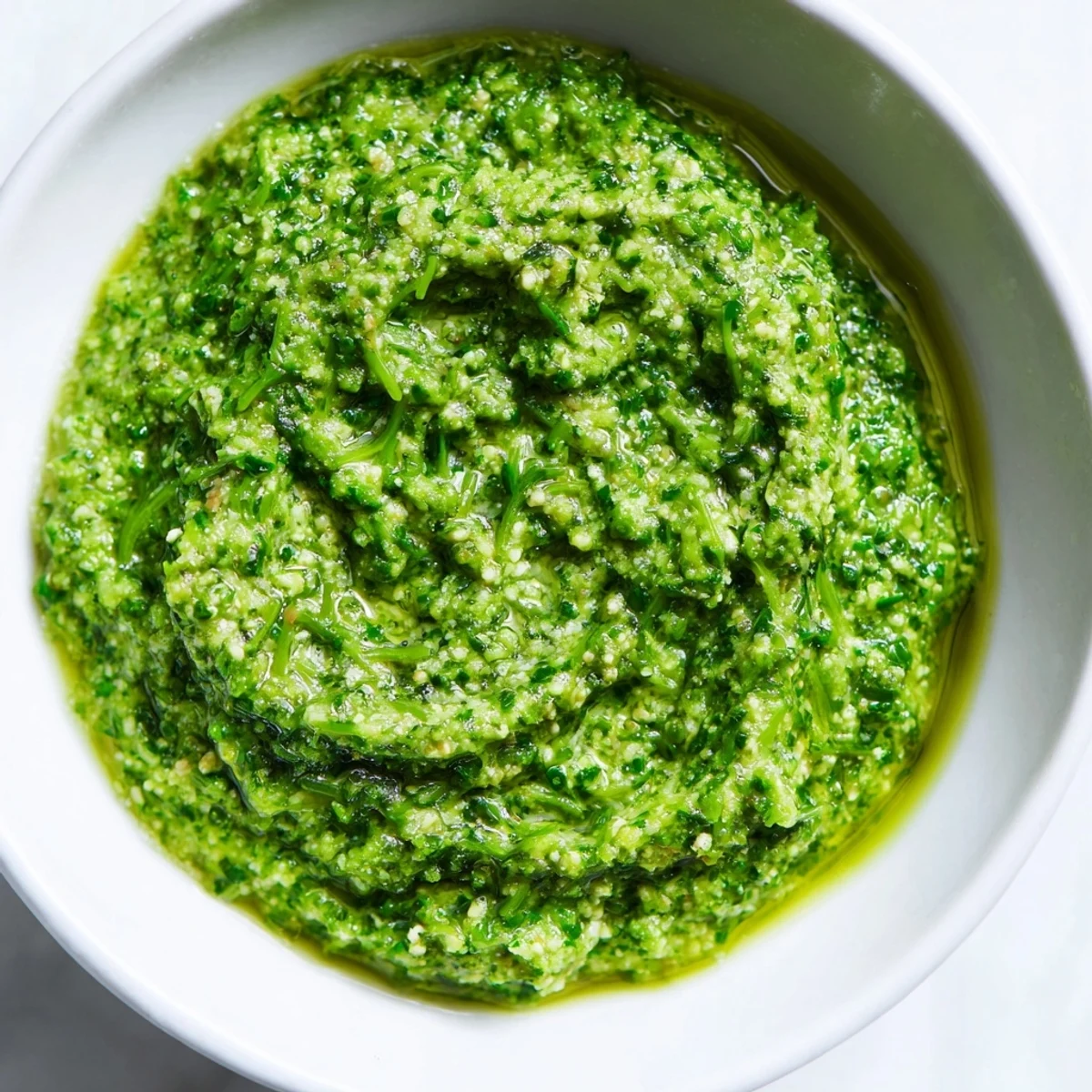 Aromatic garlic scape pesto drizzled on crusty bread, garnished with pine nuts.  