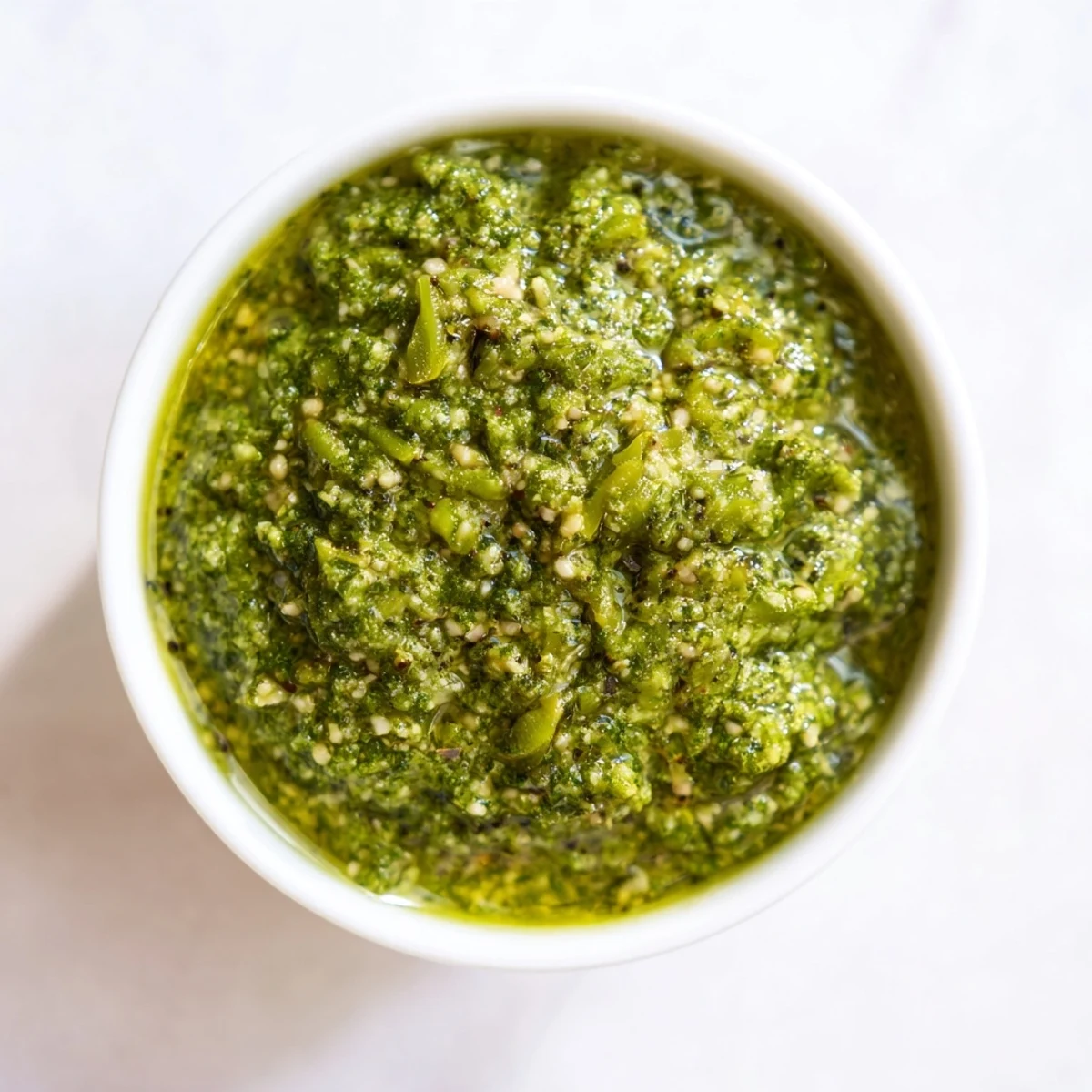 Smooth garlic scape pesto in a glass jar, ready for roasting vegetables.