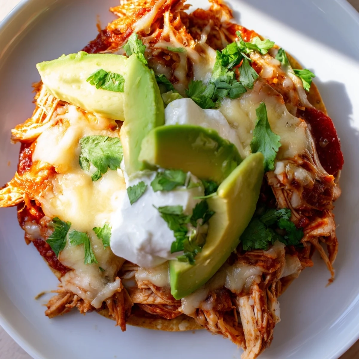 Golden crispy Chicken Tostadas loaded with fresh veggies and creamy toppings.  