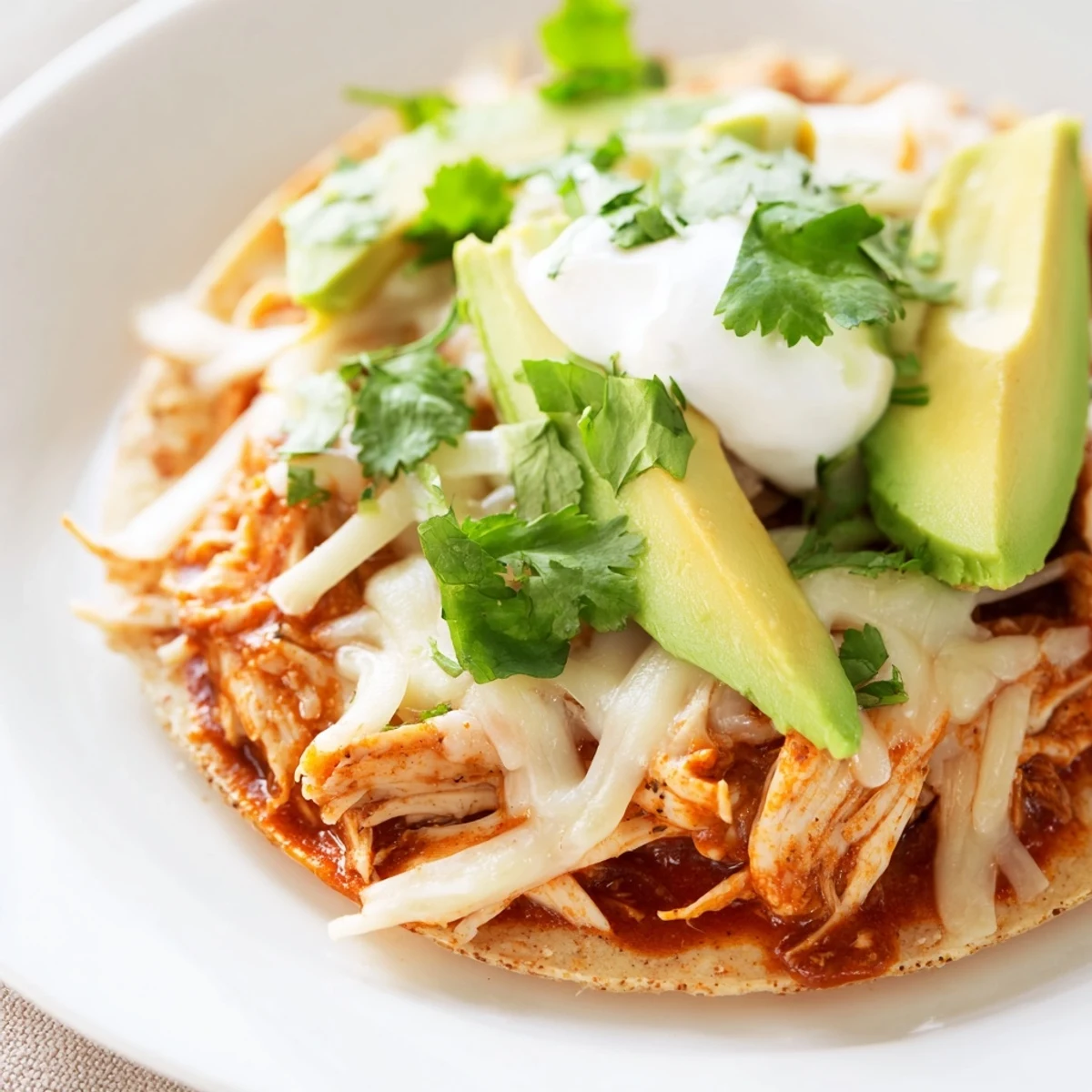 Colorful Chicken Tostadas topped with seasoned chicken, cheese, lettuce, and ripe avocado slices.  