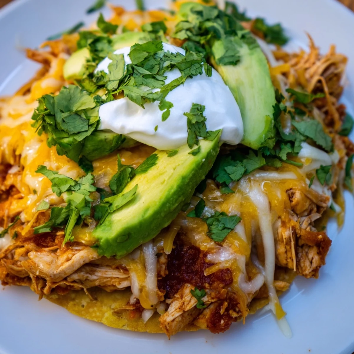 Homemade Chicken Tostadas featuring crunchy shells, refried beans, and vibrant Mexican garnishes.