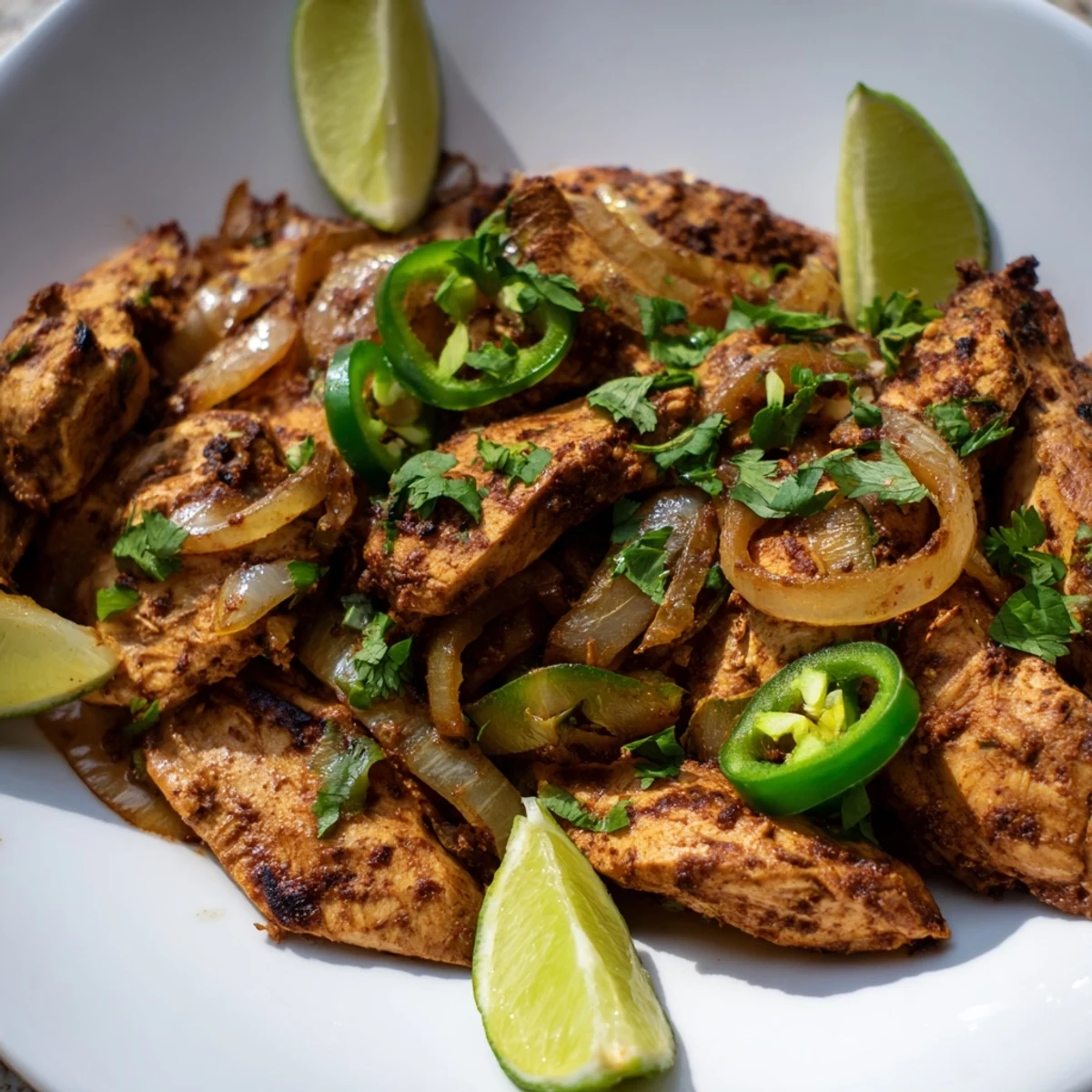 Sizzling spicy jalapeno chicken recipe served with zesty lime wedges and sliced peppers  