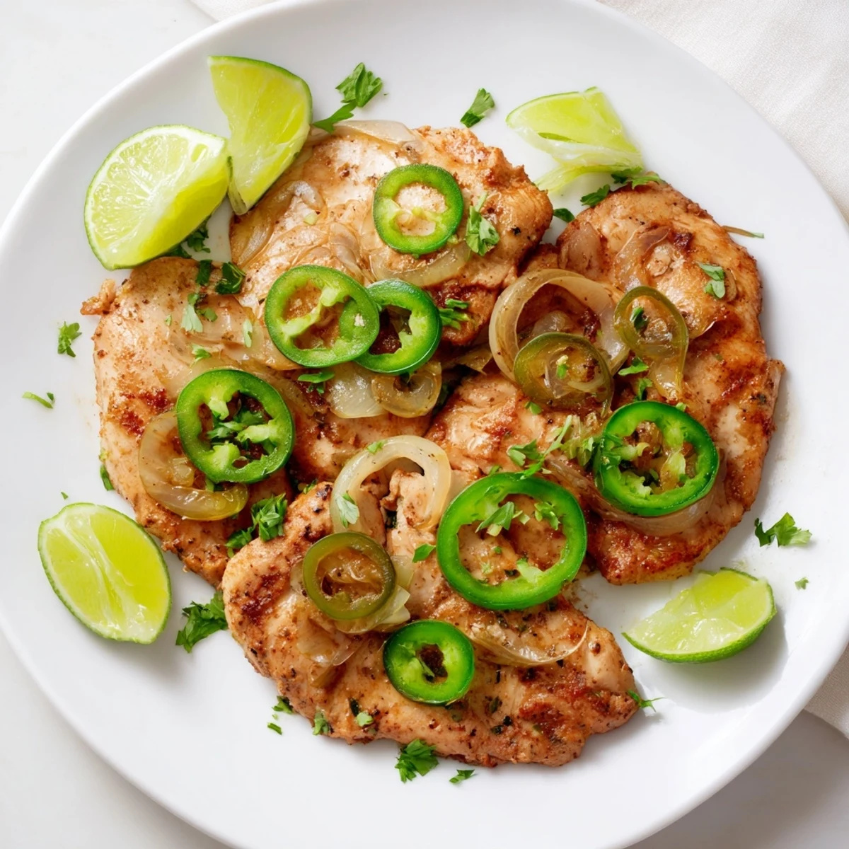 Golden spicy jalapeno chicken recipe with tender slices and fresh cilantro garnish  