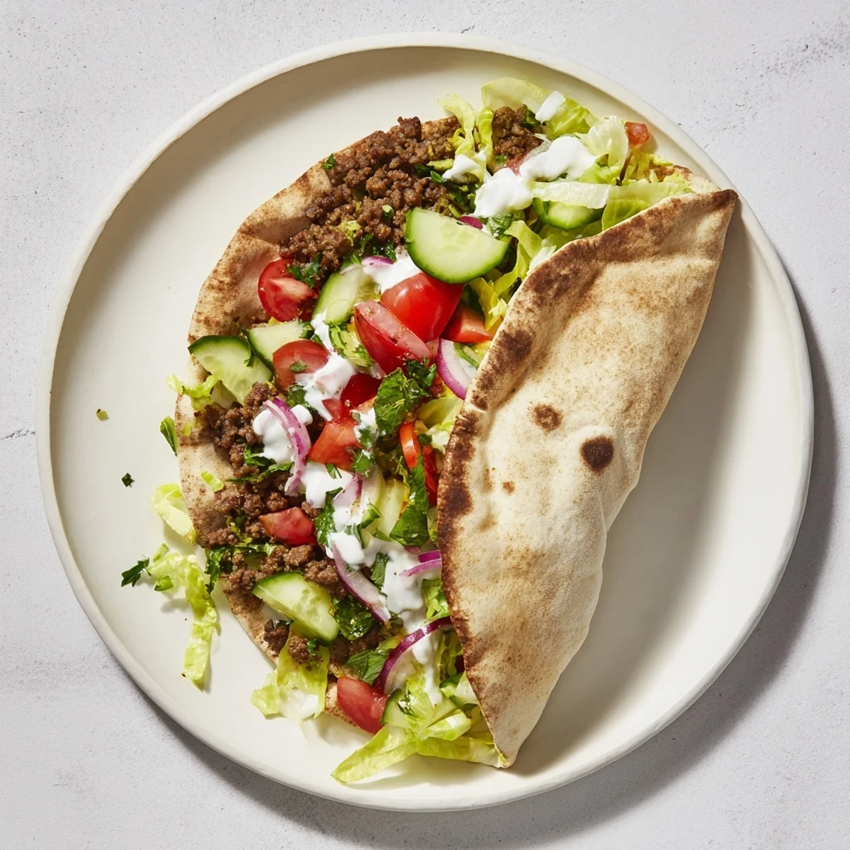 Warm pita filled with seasoned Mediterranean ground beef and crisp fresh vegetables.  