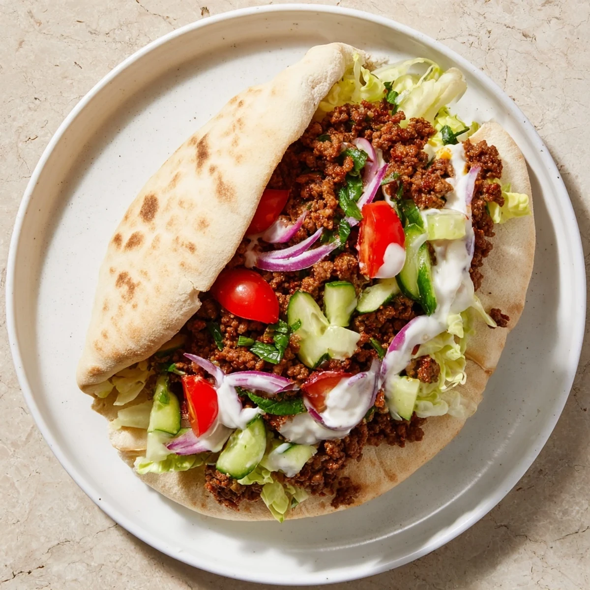 Mediterranean ground beef pita pockets topped with tangy yogurt sauce and parsley.  