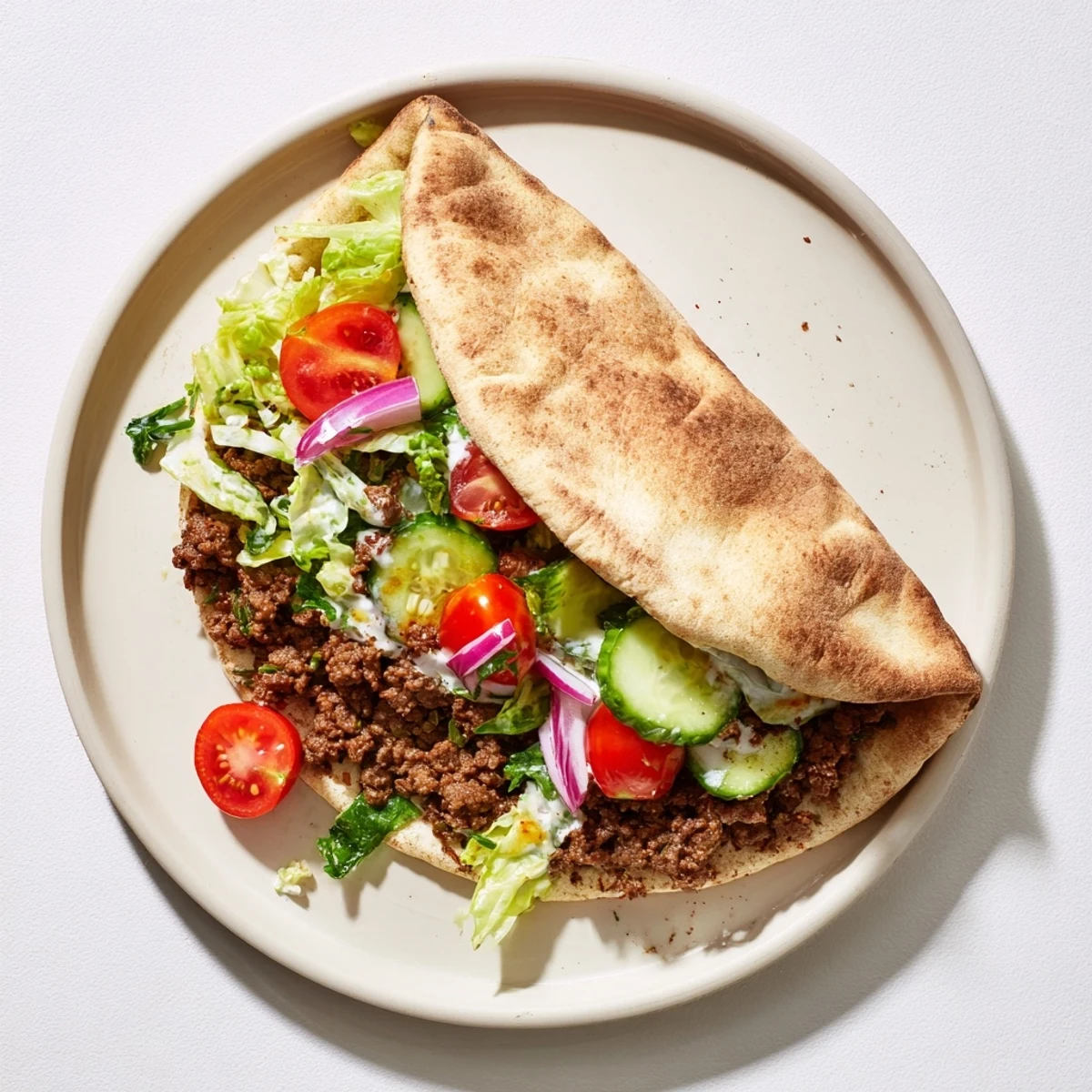 Savory ground beef stuffed in soft pita bread with fresh tomato and cucumber.